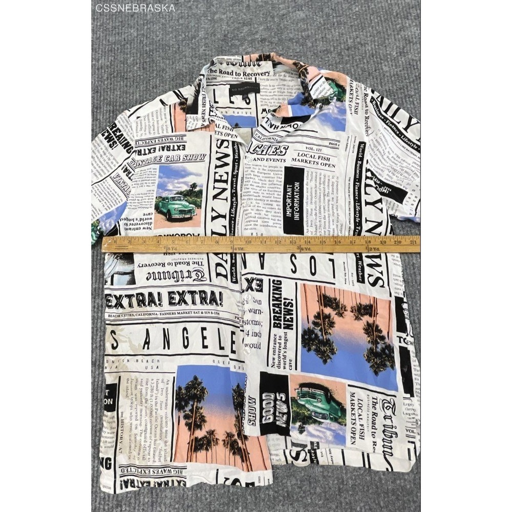 No Boundaries Men's Newspaper Print Rayon Button Down Shirt Palm Tree Car Sz M - Picture 7 of 10